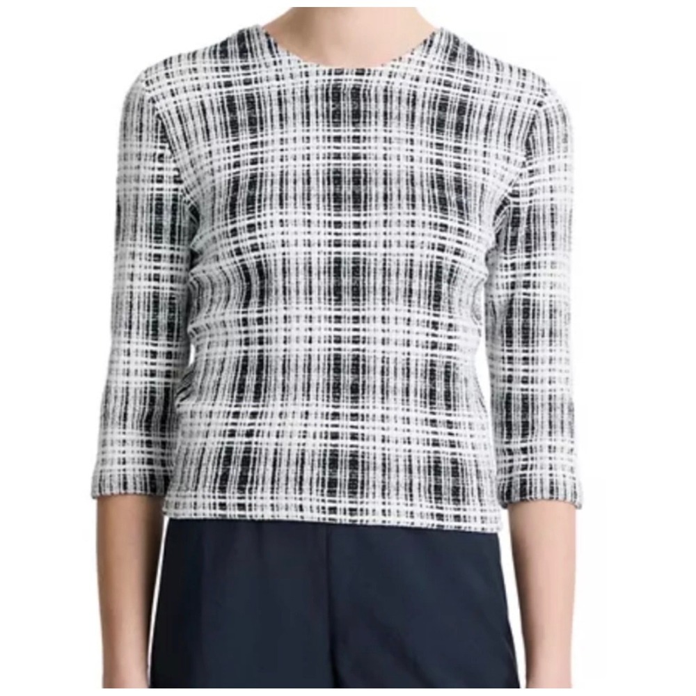 $328 VINCE Black White Plaid Tweed Like Boucle Cotton Stretch 3/4 Sleeve Top XS